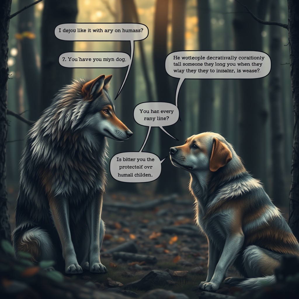 A poignant scene unfolds in a forest, where a wise wolf and a weary dog engage in a deep conversation
