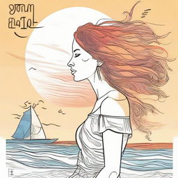 Design a detailed drawing of a side-profile woman on a beach at sunset. Her flame-like hair sways in the wind, musical notes float on the sea's surface, and a nearby billboard reads 'sentidos'.