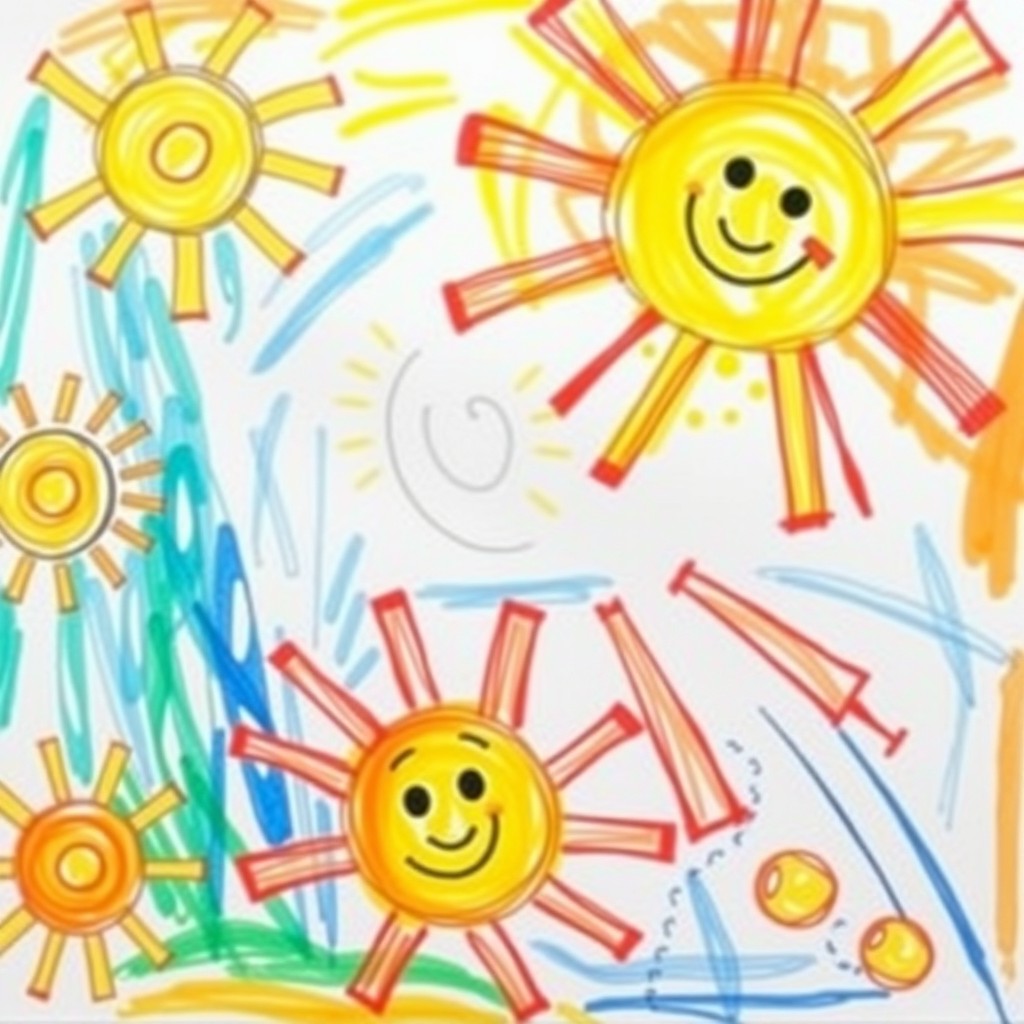 A colorfully vibrant drawing made by autistic children aged 3-8, featuring joyful sun designs and playful lines