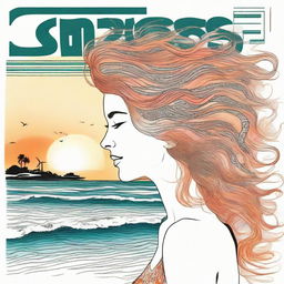 Design a detailed drawing of a side-profile woman on a beach at sunset. Her flame-like hair sways in the wind, musical notes float on the sea's surface, and a nearby billboard reads 'sentidos'.