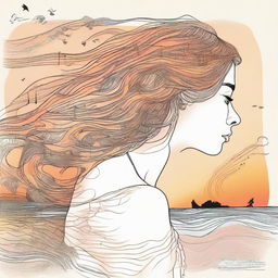 Design a detailed drawing of a side-profile woman on a beach at sunset. Her flame-like hair sways in the wind, musical notes float on the sea's surface, and a nearby billboard reads 'sentidos'.