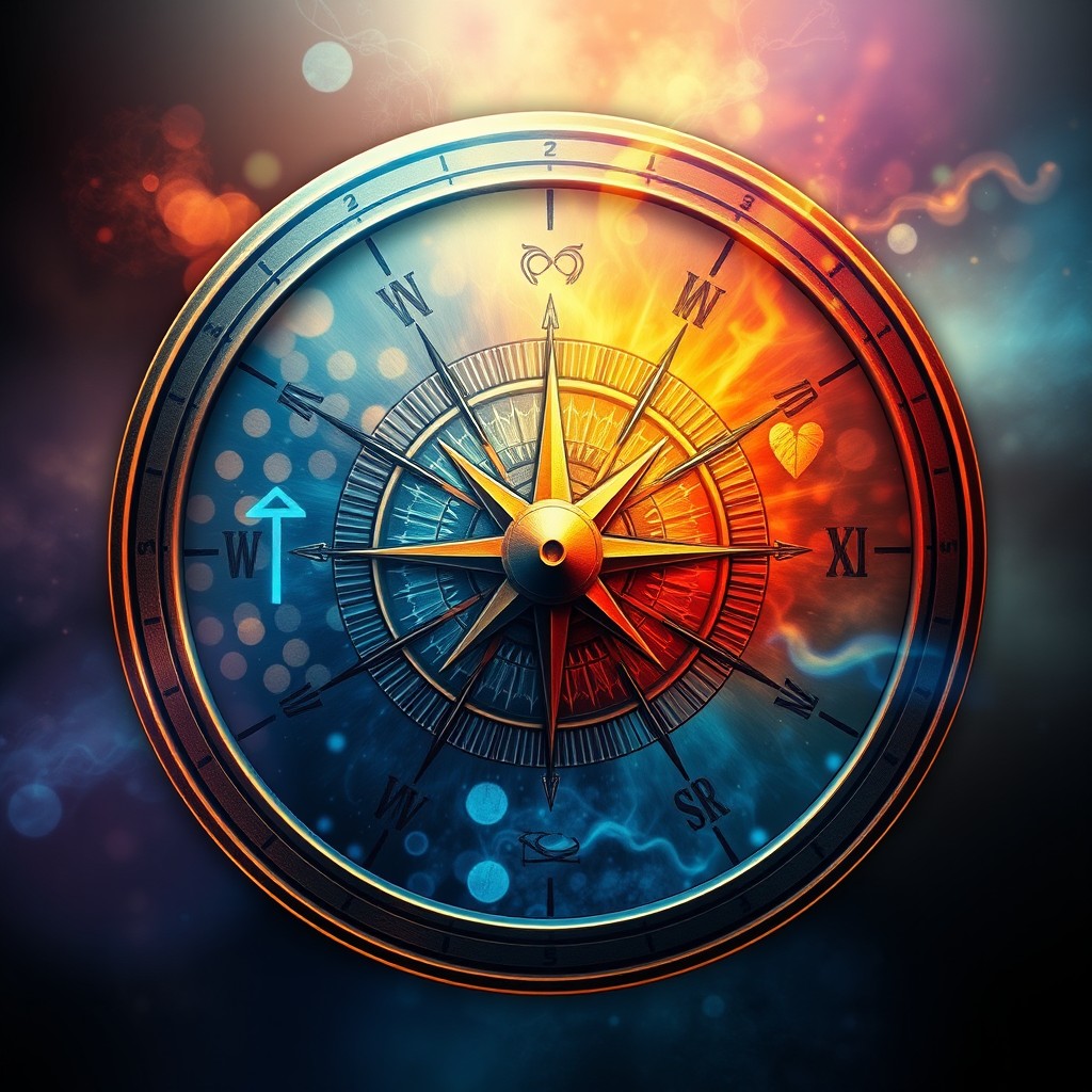 A visually striking representation of a mind compass, featuring a vivid, intricate design that symbolizes the intersection of thoughts and emotions