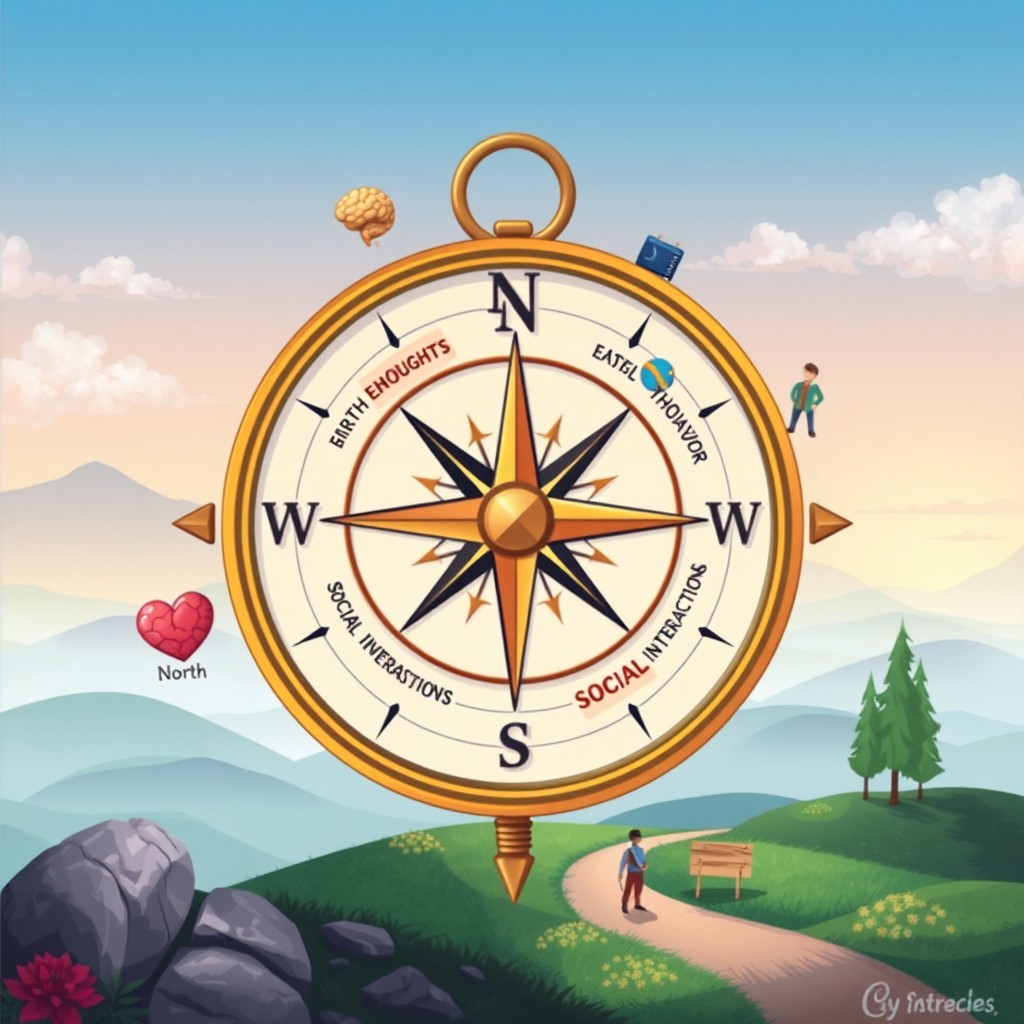 A detailed and visually engaging illustration that depicts the concept of 'Mind Compass' in psychology