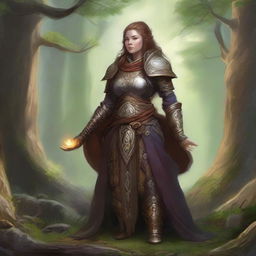 A dwarven female kineticist, enshrouded in weighty armor, meditates as a discernible aura of nature's energy levitates and circulates around her, signaling her deep-rooted link with the natural elements.