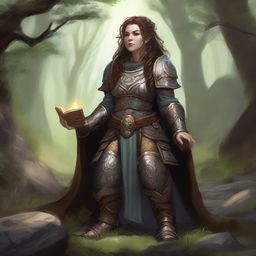 A dwarven female kineticist, enshrouded in weighty armor, meditates as a discernible aura of nature's energy levitates and circulates around her, signaling her deep-rooted link with the natural elements.