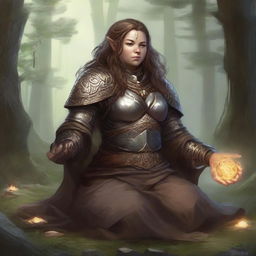 A dwarven female kineticist, enshrouded in weighty armor, meditates as a discernible aura of nature's energy levitates and circulates around her, signaling her deep-rooted link with the natural elements.