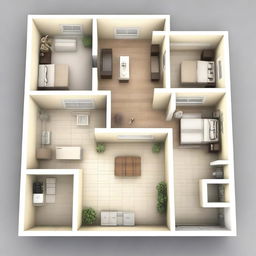 This is a detailed 3D rendering of an apartment work plan designed for a young family of three