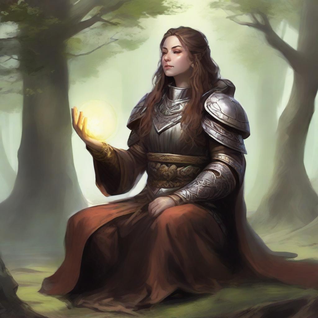 A dwarven female kineticist, enshrouded in weighty armor, meditates as a discernible aura of nature's energy levitates and circulates around her, signaling her deep-rooted link with the natural elements.