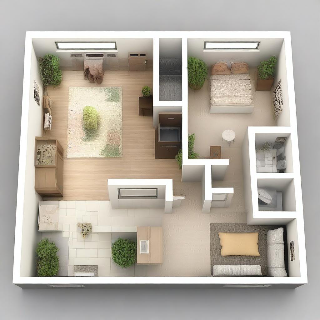 This is a detailed 3D rendering of an apartment work plan designed for a young family of three