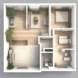 This is a detailed 3D rendering of an apartment work plan designed for a young family of three