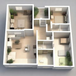 This is a detailed 3D rendering of an apartment work plan designed for a young family of three