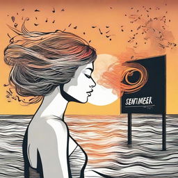 Create a detailed drawing of a woman in side profile on a beach at sunset. Her hair, represented as flames, blows in the wind and musical notes float on the sea. A billboard nearby displays the word 'sentidos'.