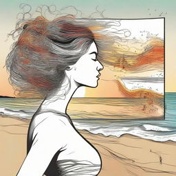 Create a detailed drawing of a woman in side profile on a beach at sunset. Her hair, represented as flames, blows in the wind and musical notes float on the sea. A billboard nearby displays the word 'sentidos'.