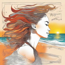 Create a detailed drawing of a woman in side profile on a beach at sunset. Her hair, represented as flames, blows in the wind and musical notes float on the sea. A billboard nearby displays the word 'sentidos'.