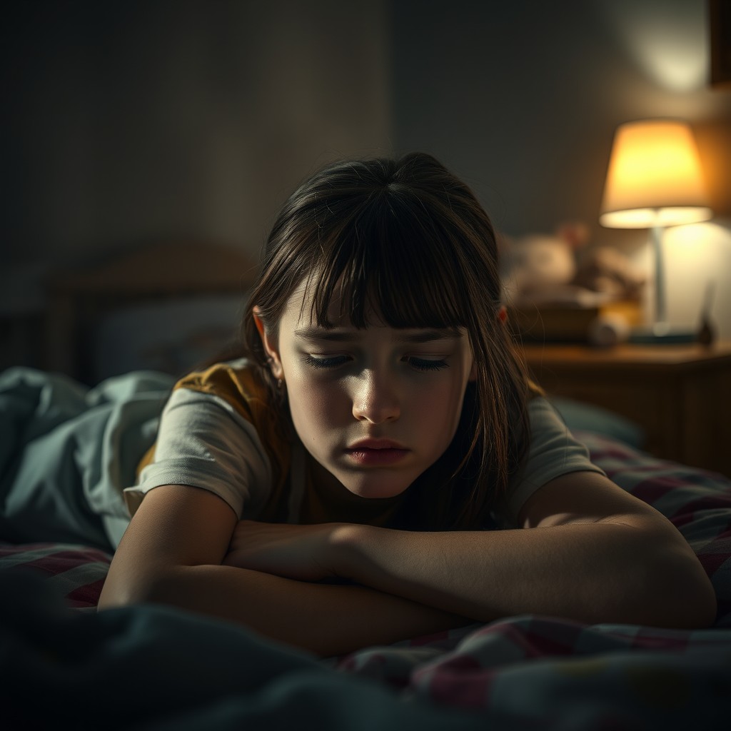 A 15-year-old teenage girl with brown hair lying on her bed, her expression conveying fear