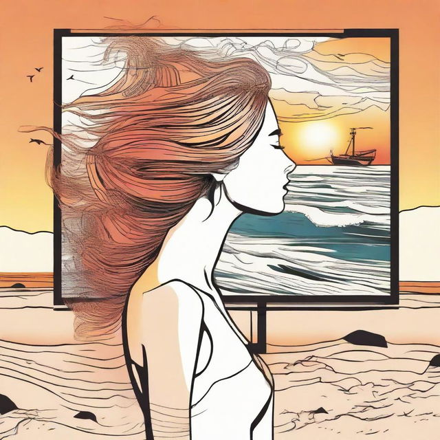 Create a detailed drawing of a woman in side profile on a beach at sunset. Her hair, represented as flames, blows in the wind and musical notes float on the sea. A billboard nearby displays the word 'sentidos'.