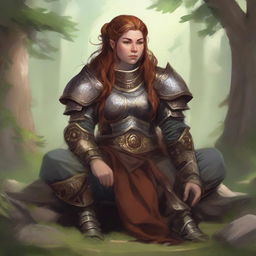 In tranquil repose, a dwarven female kineticist dons her imposing heavy armor. Seated in meditative quietude, she is surrounded by the radiant energy of nature, hovering and swirling gently around her.