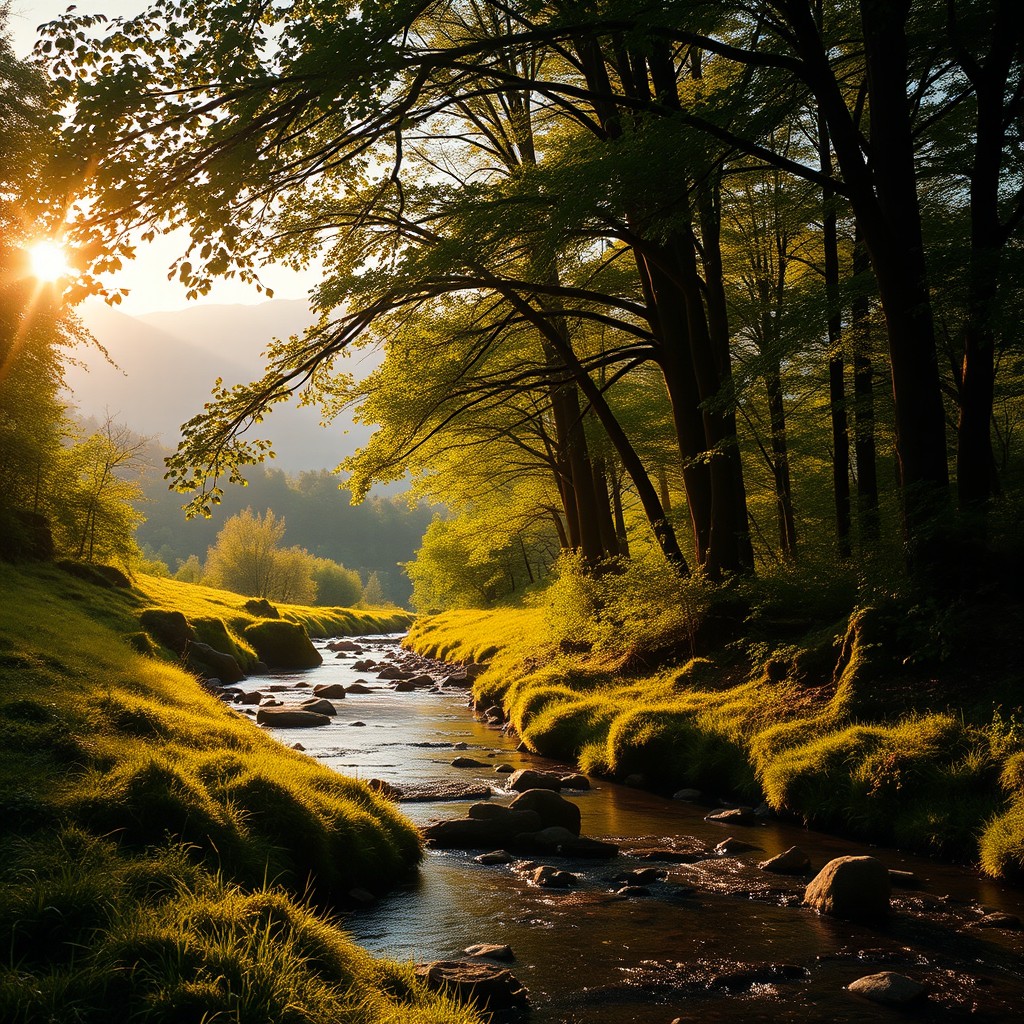 A cinematic still showcasing a serene natural landscape during golden hour, featuring vibrant greens of a lush forest with soft sunlight filtering through the trees