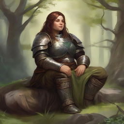 In tranquil repose, a dwarven female kineticist dons her imposing heavy armor. Seated in meditative quietude, she is surrounded by the radiant energy of nature, hovering and swirling gently around her.