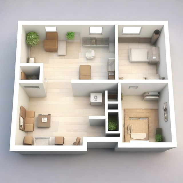 This is a high-quality 3D rendering of an apartment floor plan designed for a young family of three