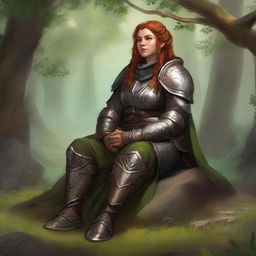 In tranquil repose, a dwarven female kineticist dons her imposing heavy armor. Seated in meditative quietude, she is surrounded by the radiant energy of nature, hovering and swirling gently around her.