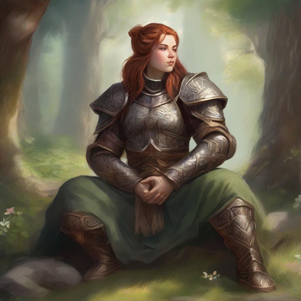 In tranquil repose, a dwarven female kineticist dons her imposing heavy armor. Seated in meditative quietude, she is surrounded by the radiant energy of nature, hovering and swirling gently around her.