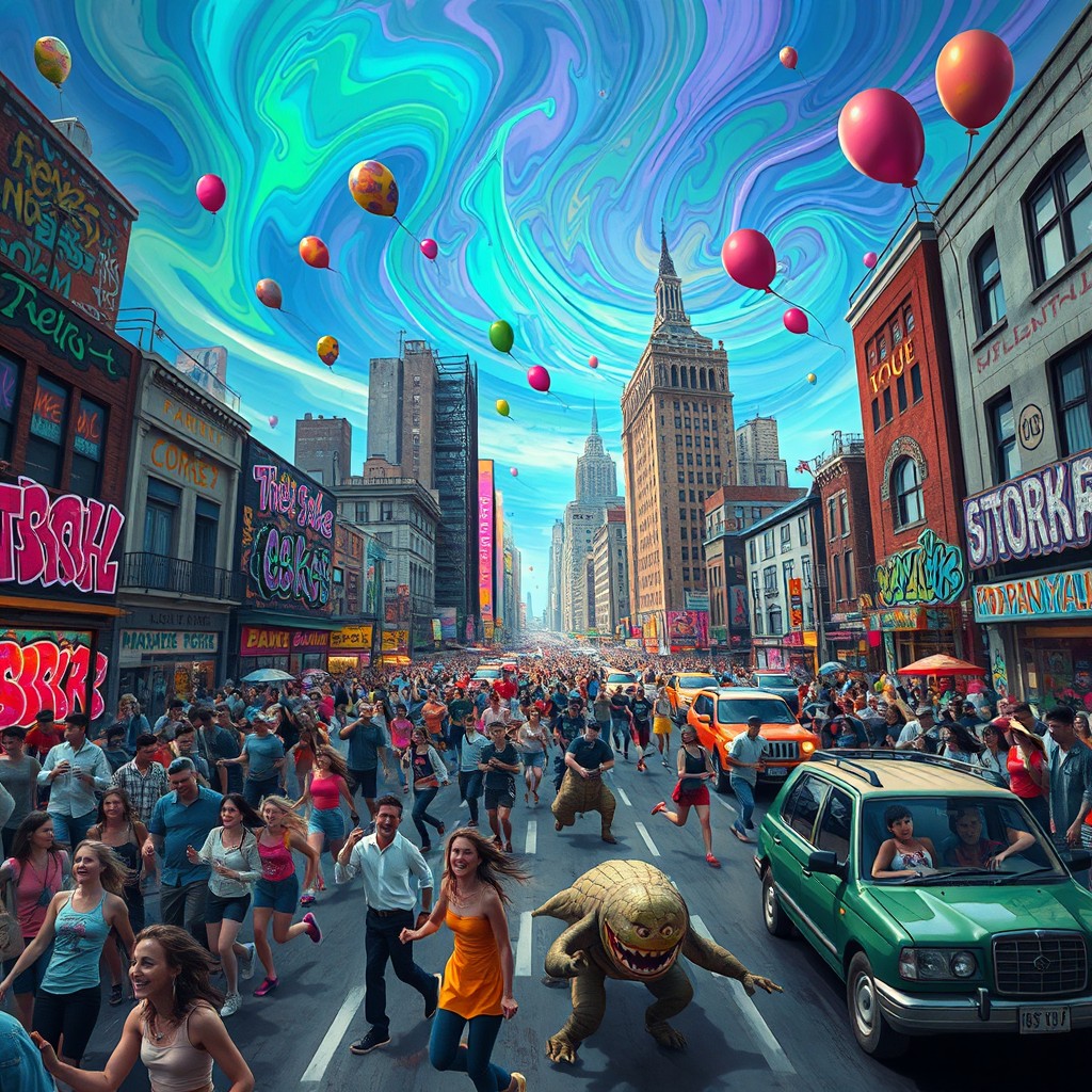 A vivid and dynamic scene depicting a chaotic urban landscape, showcasing a blend of bustling street life and surreal elements