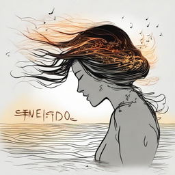 Sketch a side-profile woman on a beach at sunset. Her hair appears as flames moved by the wind, musical notes are scattered on the sea, and incorporate the word 'sentidos' in the image.