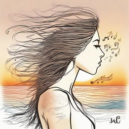 Sketch a side-profile woman on a beach at sunset. Her hair appears as flames moved by the wind, musical notes are scattered on the sea, and incorporate the word 'sentidos' in the image.