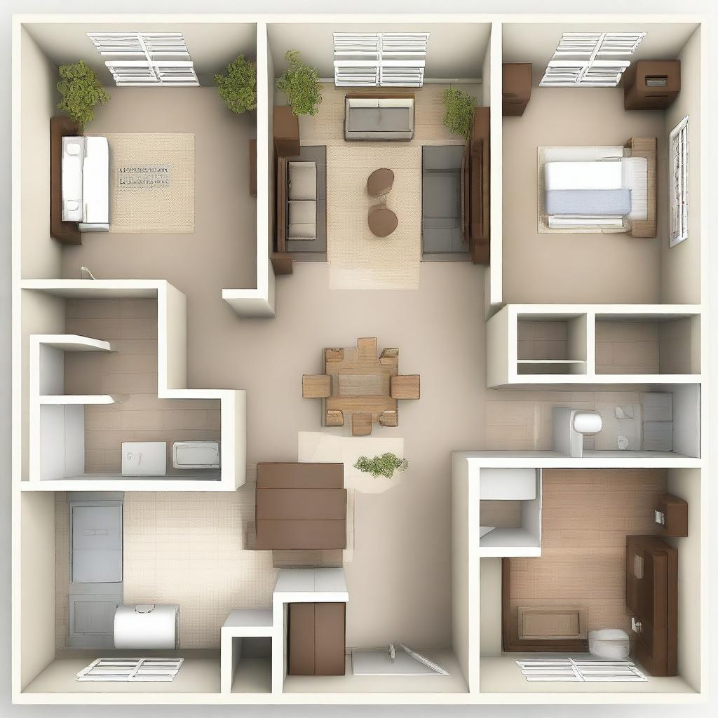 This is a detailed digital art image of an apartment floor plan designed for a young family of three