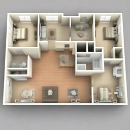 This is a detailed digital art image of an apartment floor plan designed for a young family of three