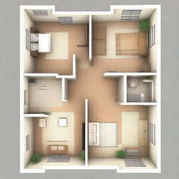 This is a detailed digital art image of an apartment floor plan designed for a young family of three