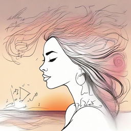 Sketch a side-profile woman on a beach at sunset. Her hair appears as flames moved by the wind, musical notes are scattered on the sea, and incorporate the word 'sentidos' in the image.