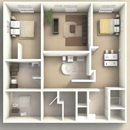 This is a detailed digital art image of an apartment floor plan designed for a young family of three