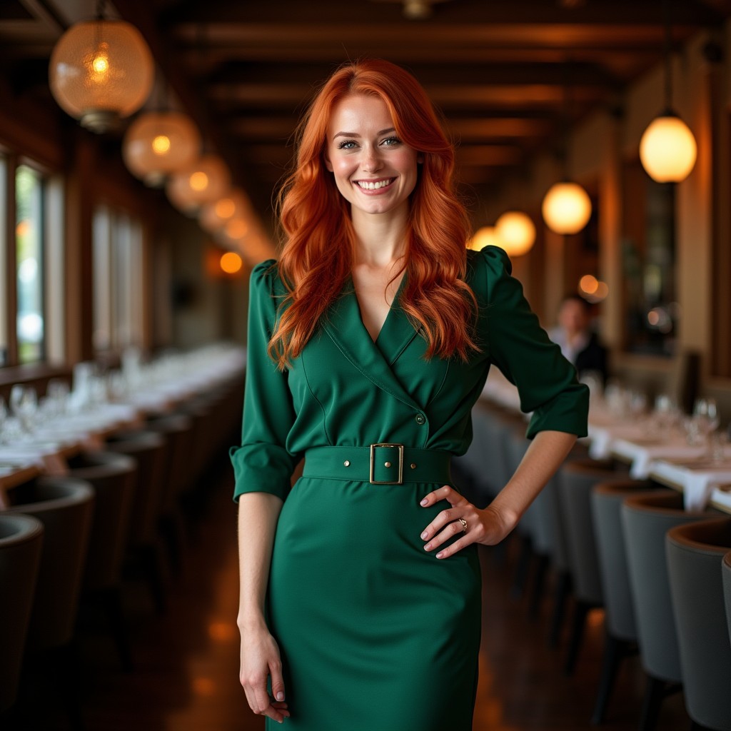 A gorgeous tall red headed female chef standing proudly in a premier steakhouse, dressed elegantly in a stylish green dress