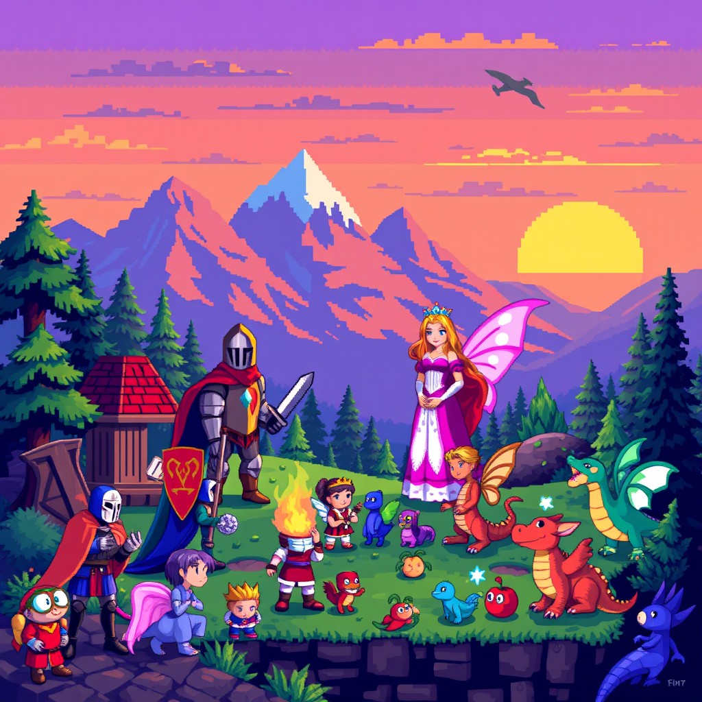 A vibrant and colorful depiction of pixel art culture, showcasing various pixelated characters and elements from classic video games