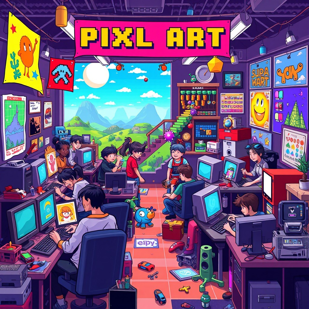 A vibrant pixel art representation of pixel art culture, showcasing various pixelated elements like retro video game characters, 8-bit landscapes, and colorful pixelated objects