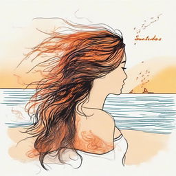 Sketch a side-profile woman on a beach at sunset. Her hair appears as flames moved by the wind, musical notes are scattered on the sea, and incorporate the word 'sentidos' in the image.