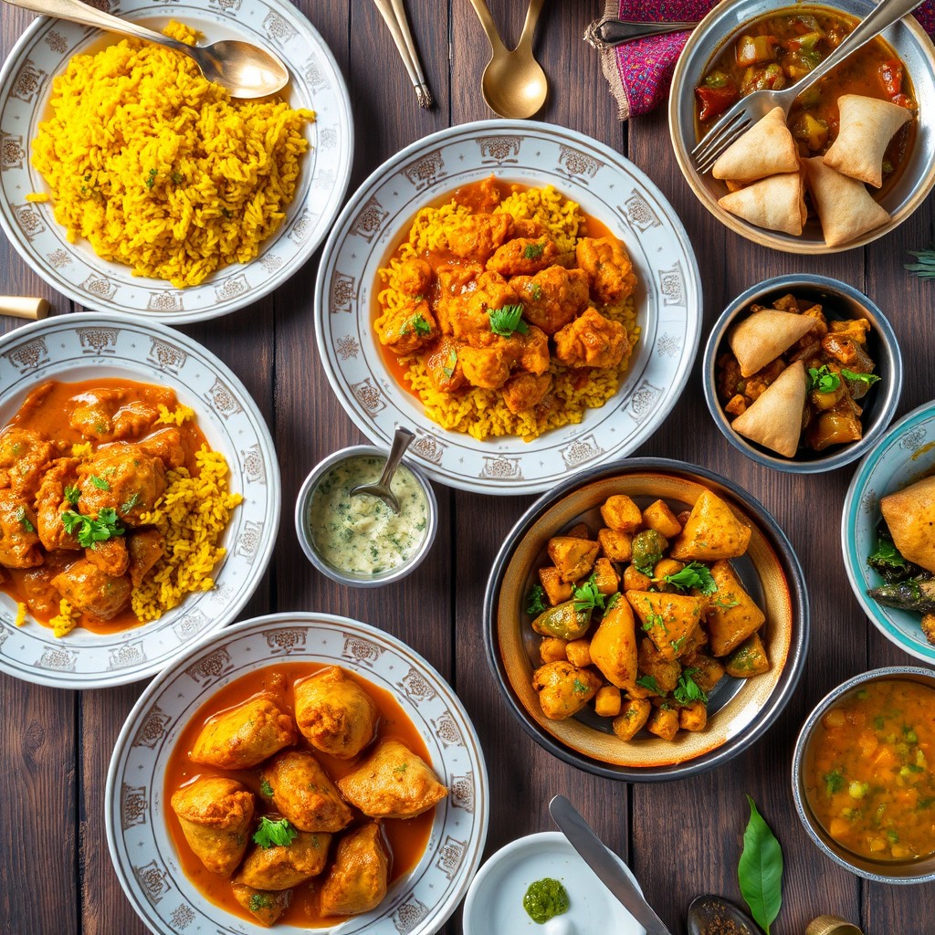 A beautifully plated Indian food spread featuring a variety of traditional dishes such as vibrant yellow turmeric rice, creamy butter chicken with rich sauce, crispy samosas with green chutney, and fragrant vegetable curry