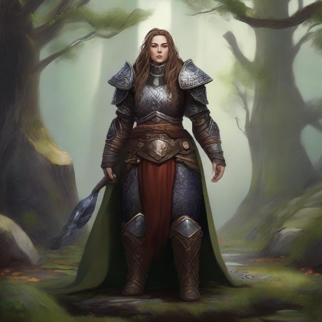 Situated in meditative serenity, a dwarven female kineticist, sheathed in sturdy heavy armor, emanates a compelling connection to the natural world as tangible strands of nature's energy float gently around her.