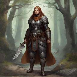 Situated in meditative serenity, a dwarven female kineticist, sheathed in sturdy heavy armor, emanates a compelling connection to the natural world as tangible strands of nature's energy float gently around her.