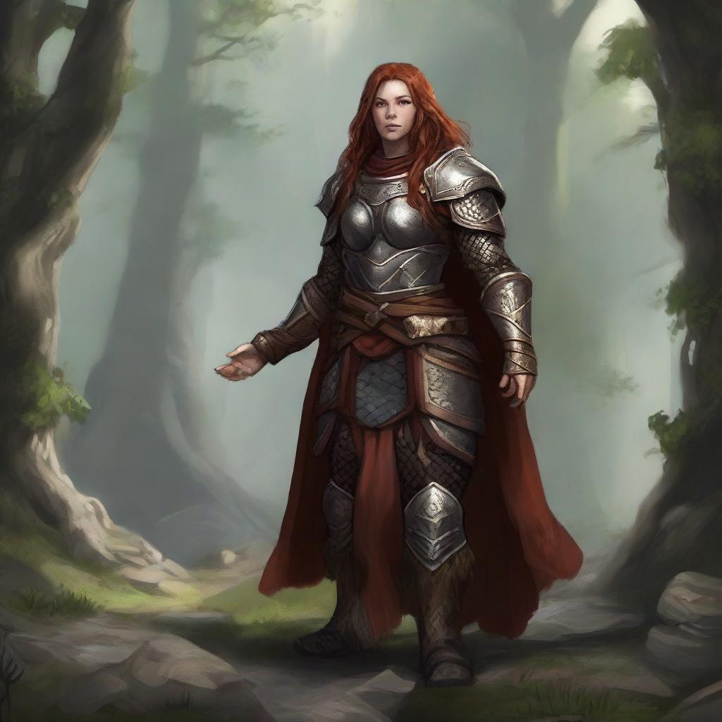 Situated in meditative serenity, a dwarven female kineticist, sheathed in sturdy heavy armor, emanates a compelling connection to the natural world as tangible strands of nature's energy float gently around her.