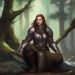 Situated in meditative serenity, a dwarven female kineticist, sheathed in sturdy heavy armor, emanates a compelling connection to the natural world as tangible strands of nature's energy float gently around her.