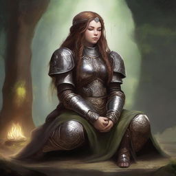 A dwarven female kineticist, encased within her robust heavy armor, settles into a serene meditation. The tangible radiance of nature's energy cascades and floats around her, symbolising her intimate bond with the elemental forces.