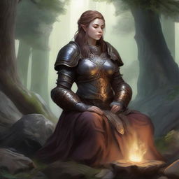 A dwarven female kineticist, encased within her robust heavy armor, settles into a serene meditation. The tangible radiance of nature's energy cascades and floats around her, symbolising her intimate bond with the elemental forces.