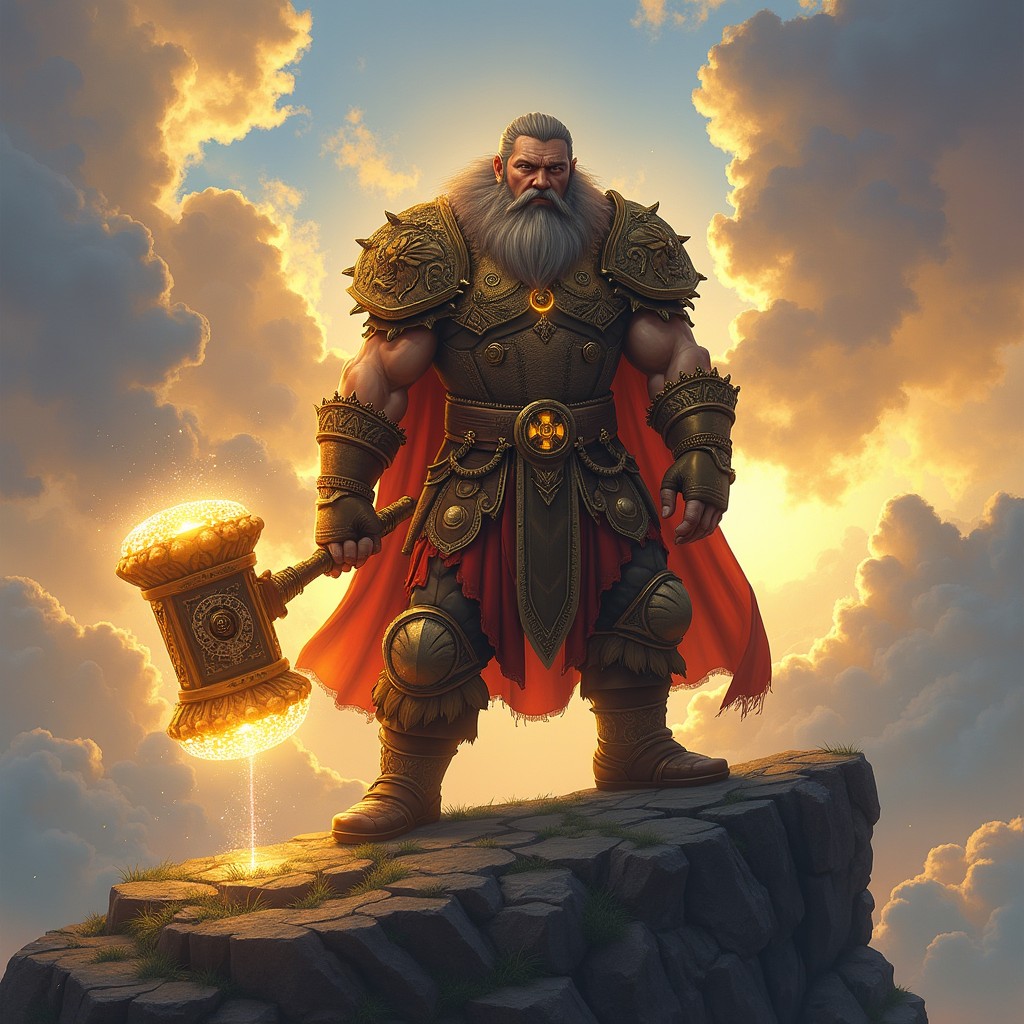A Dwarven cleric standing boldly on a rocky cliff, wielding a radiant hammer that emits a bright, golden light