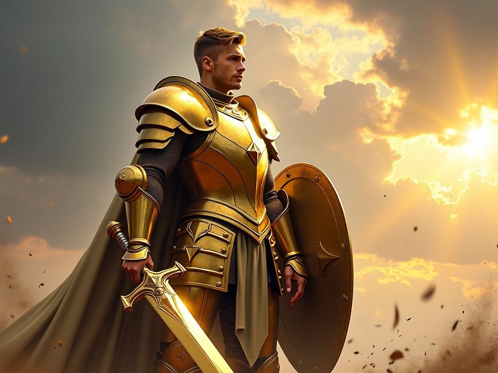 A heroic human paladin standing proud on a battlefield, clad in shining golden armor that glistens under the sunlight
