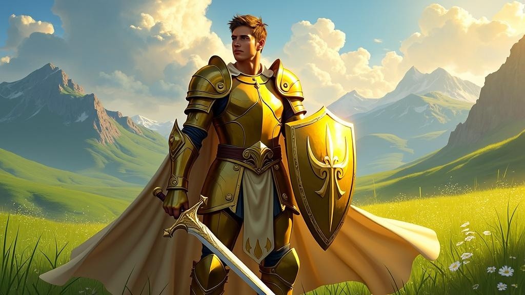 A heroic human paladin standing proudly in a lush green meadow, clad in shining golden armor that reflects the sunlight