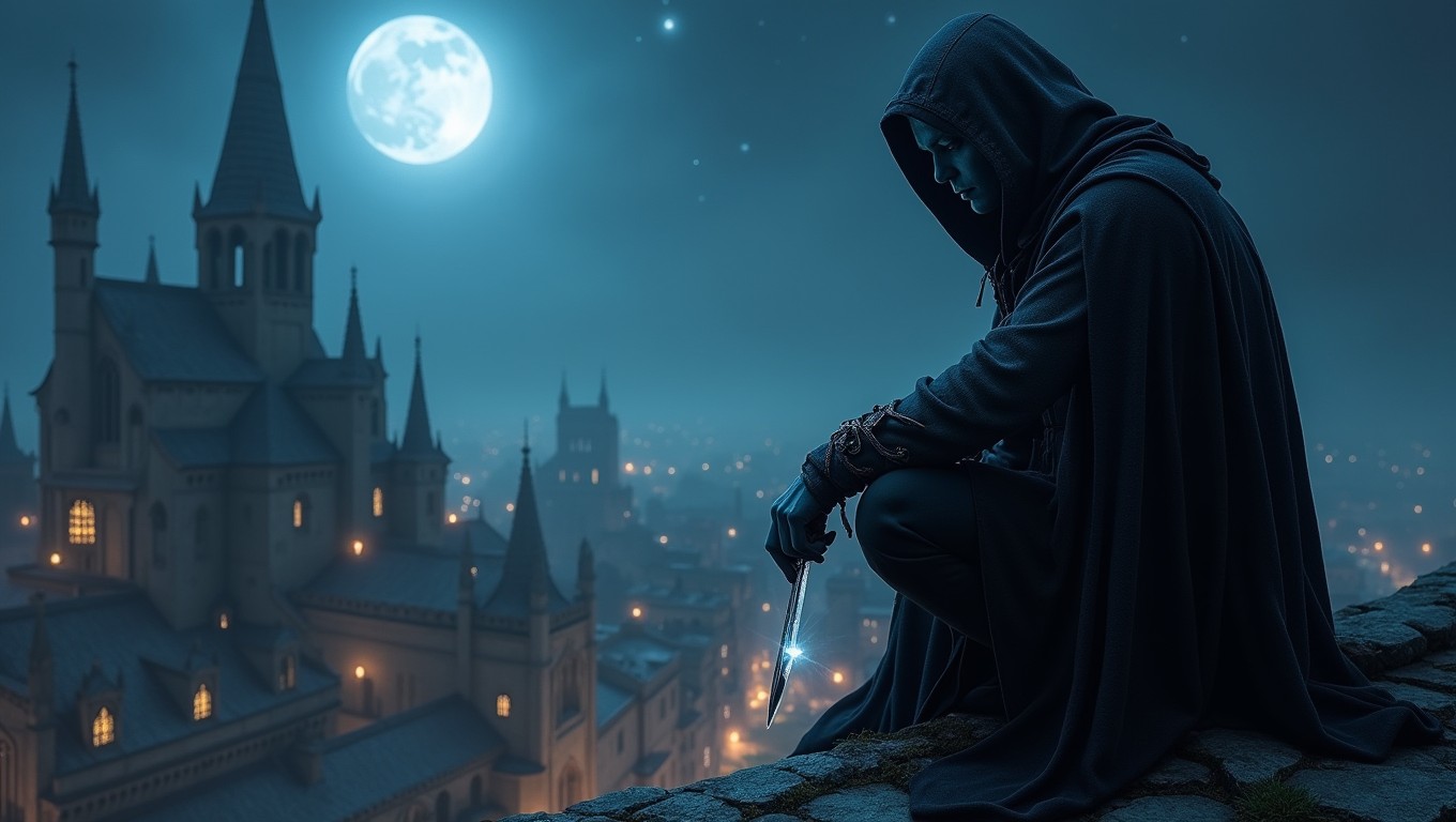 A dark elf assassin shrouded in shadows, stealthily perched on a rooftop overlooking a moonlit cityscape