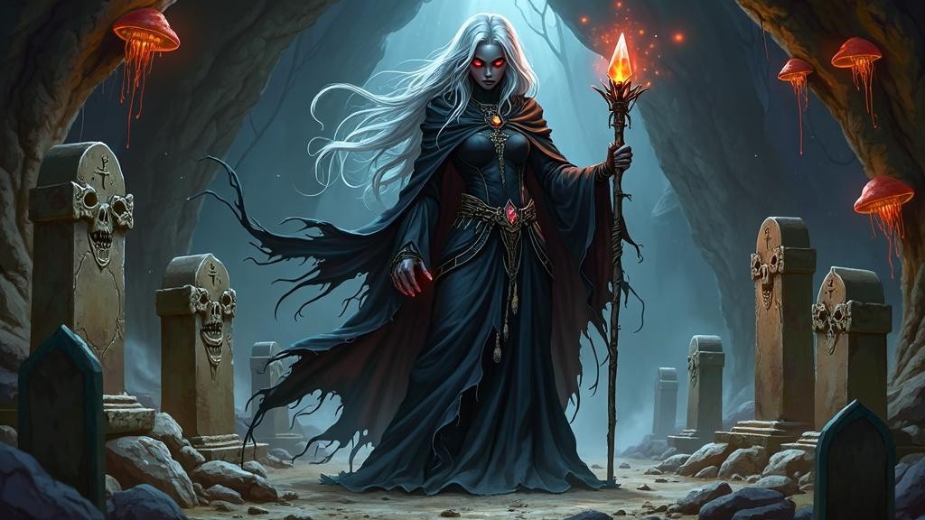 A Drow necromancer standing ominously in a shadowy cave filled with ancient tombstones and skeletal remains